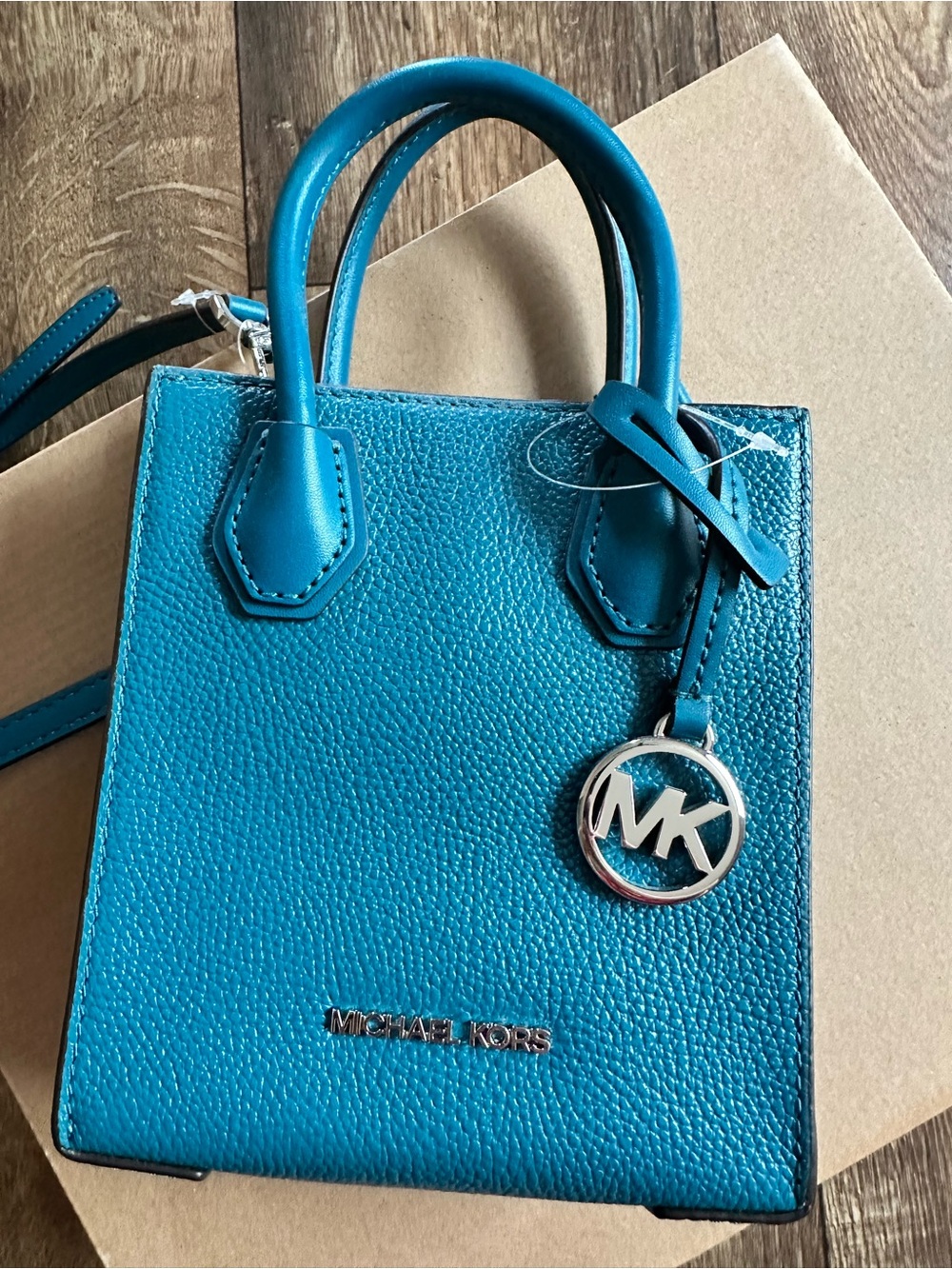 Michael Kors Teal Pebbled Leather Mini Tote with MK Charm